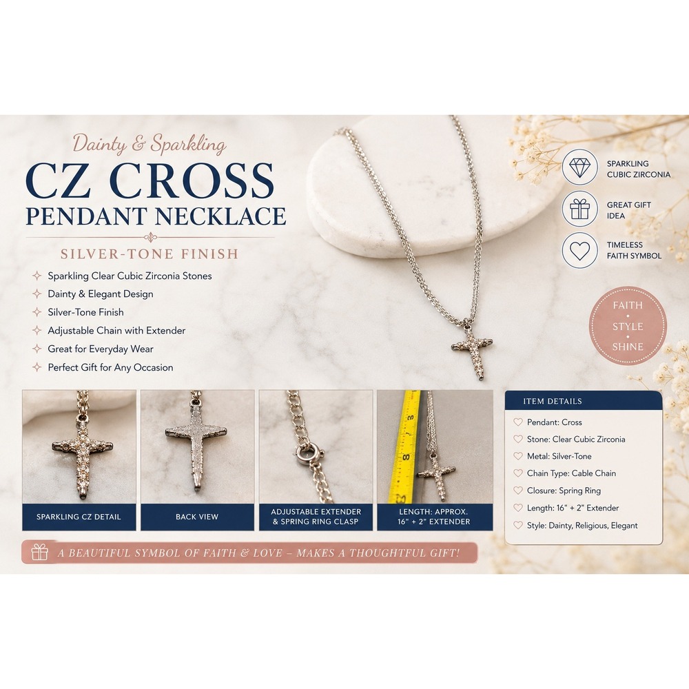 CZ Cross Pendant Necklace Silver Tone Sparkling Dainty Religious 16-18 Inch